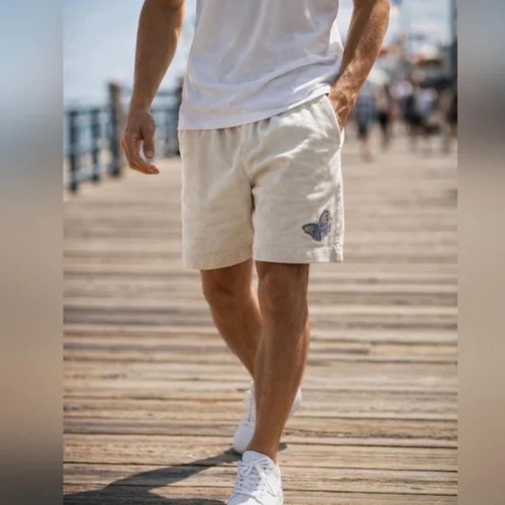 Mega Yacht Men's Cream Casual Shorts with Colorful Butterfly Embroidery